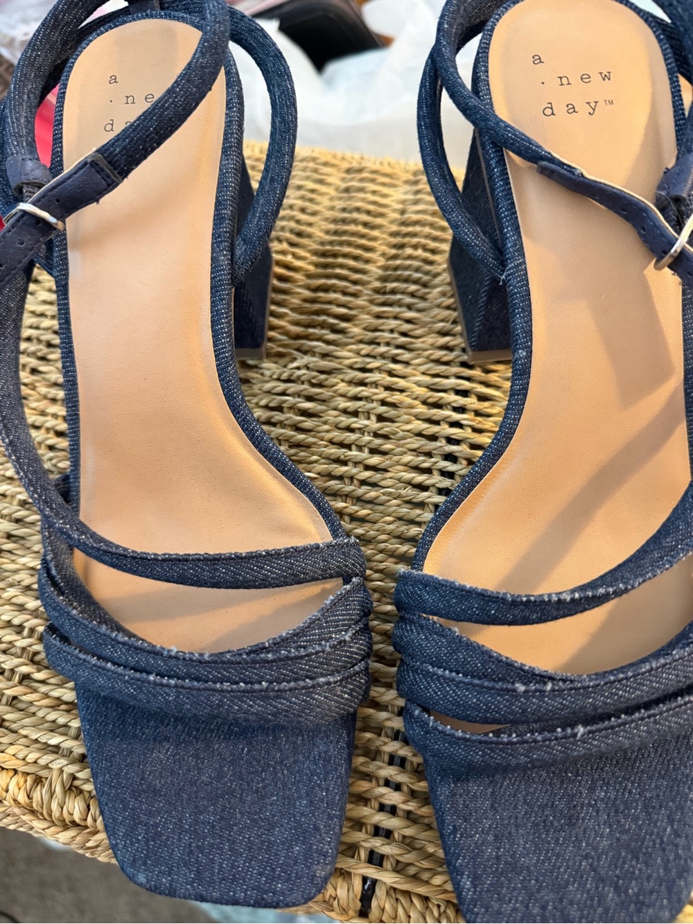 a new day Navy Denim Square-Toe Strappy Block Heels